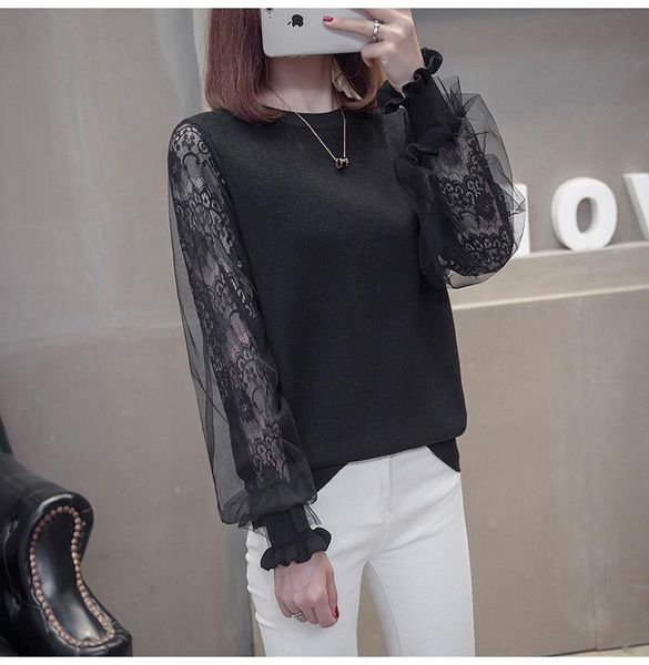 

women's sweaters knitted o neck women sweater lace jumper 2021 winter causal warm solid female loose pullovers chic lady, White;black