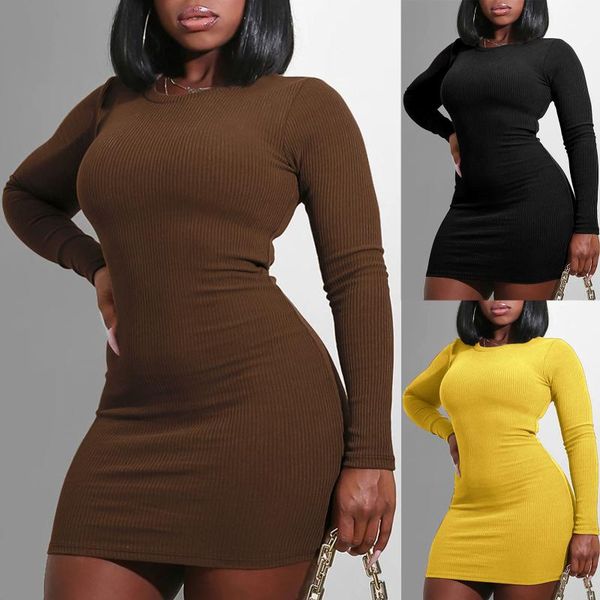 

ladies fashion slim round neck dress long sleeve solid color dress women winter 2020 knit sweater dresses for women 2020, Black;gray