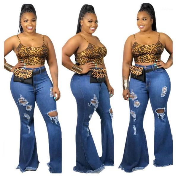 

plus size solid ripped women denim flared pants 2020 winter lady high waist streetwear skinny high elastic bell-bottomed jeans1, Blue