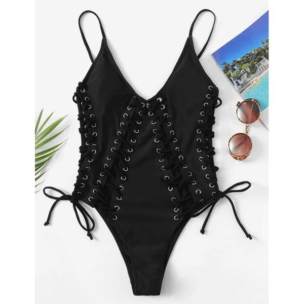 

solid one-piece swimsuit women backless deep v neck lace up bodysuits beach bathing suit swimwear hollow out monokini y200824, White;black