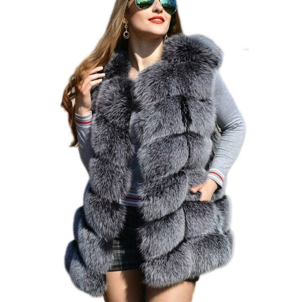 

faux sliver vest women winter fashion medium long artifical vests woman warm fake fox fur coats female ladies t200506, Black
