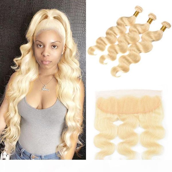 

10"-24" 613 blonde bundles with frontal body wave peruvian brazilian malaysian human hair weave 3 bundle with 13x4 la, Black;brown