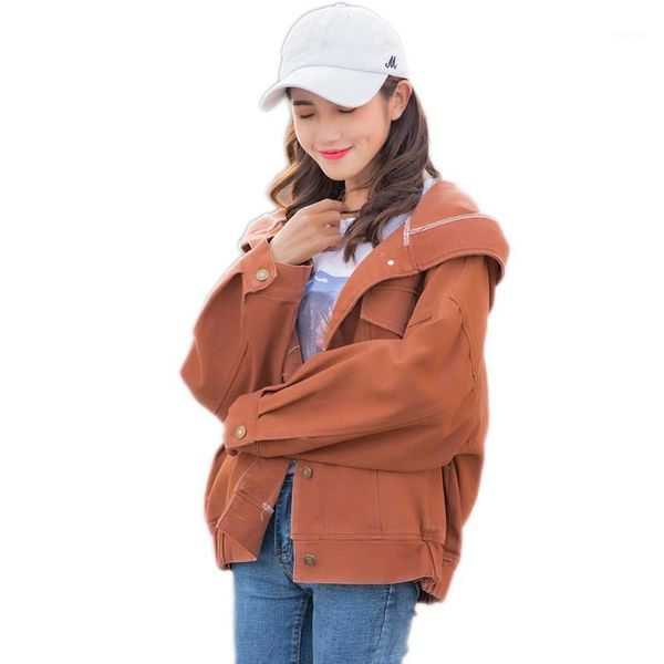 

spring women jacket 2020 fashion long-sleeved hooded female denim jacket loose single-breasted pure color ladies outerwear cw0851, Black;brown