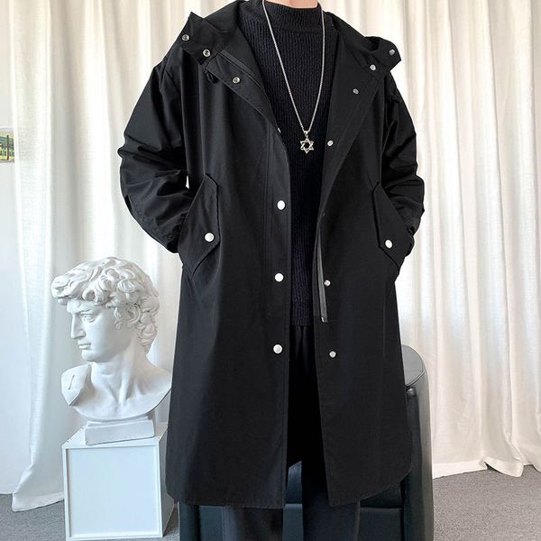 

men's windbreaker jacket long trench oversize loose streetwear hooded vintage black coats high street casual male outerwear new, Black;brown