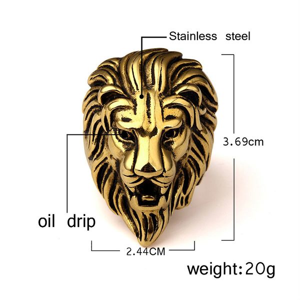 Fashion Men Stainless steel Ring Hip hop Punk Style Vintage Golden Color Black Lion Head Rings Jewelry Size 7-15