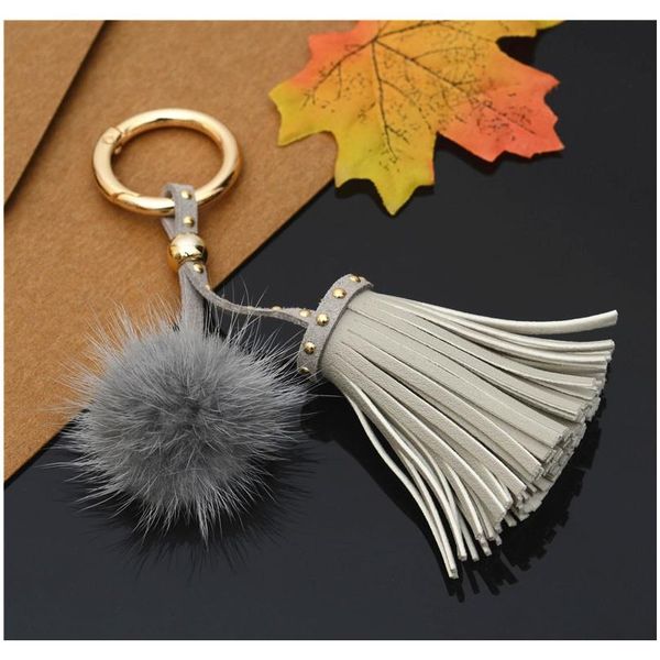 

leather tassels with mink fur ball key chain with one tassels for car keychain bag key ring jewelry eh811 f bbysgt, Slivery;golden