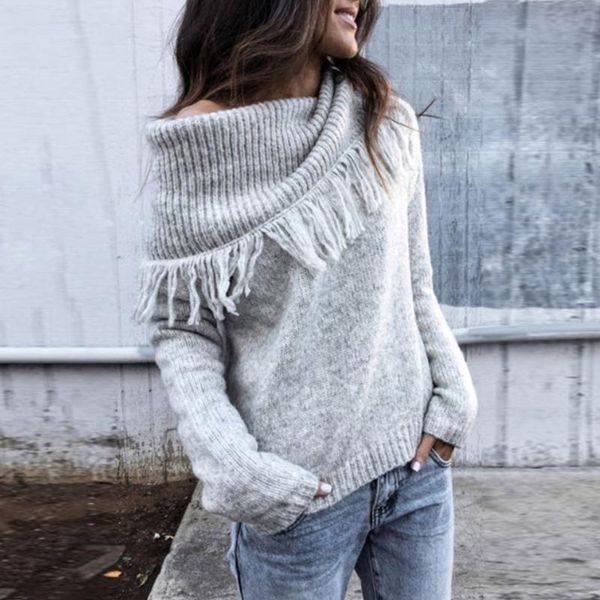 

winter autumn women's jumpers fashion knitted solid colors slash neck tassel pullover casual long sleeve loose sweater #g3, White;black