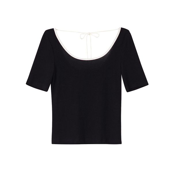 

2021 new summer simple and fine hong kong style deep around the neck open back solid color thin tie short sleeve woman t-shirt fl02, White