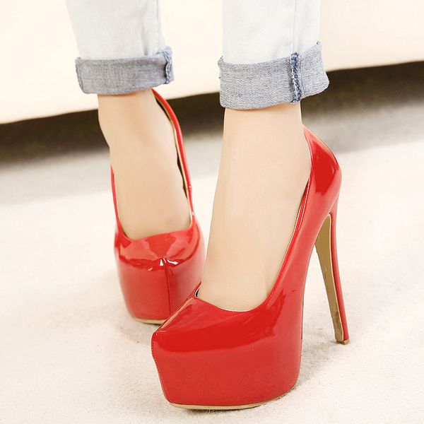 

female pumps wedding platform and big 35-44 super-16cm thin steel heels high daily party bombs, Black