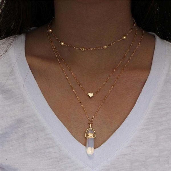 

necklace love new heart hexagonal pendant natural stone gold chain multilayer necklaces fashion jewelry for women gift