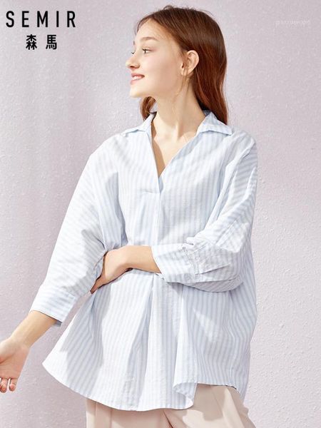 

semir women 100% cotton long striped v-neck blouse with 3/4 length sleeve women's relax fit shirt with collar for spring autumn1, White