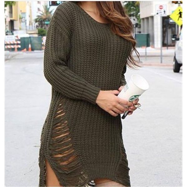 

women knitting sweaters fashion trend long sleeve round neck hole mid-length pullover designer female spring new casual loose sweaters, White;black