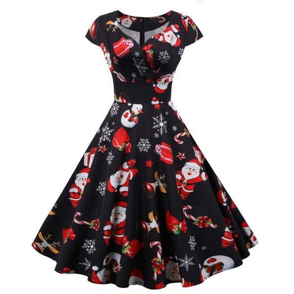 

casual dresses elegant ladies christmas printed party dress short sleeve v neck large swing a-line vintage xmas vestido for women, Black;gray
