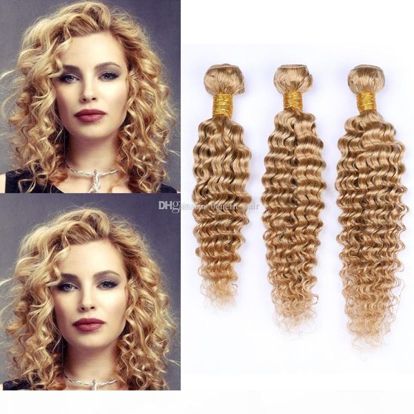 

honey blonde hair weaves 3pcs lot blonde colored virgin human hair extensions deep curly 27 hair bundles double wefted, Black