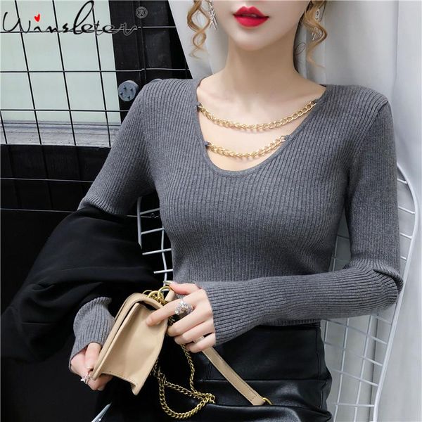 

women's sweaters fall winter knitted sweater korean style women fashion v-neck chain hollow out pullover ropa mujer bottoming t096, White;black