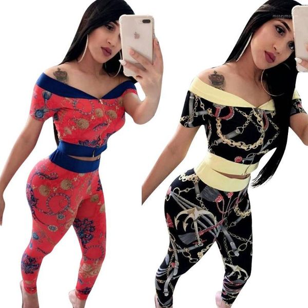 

chain printed two piece set women tracksuits spring summer off the shoulder crop and pant slim ladies sweat suit1, White