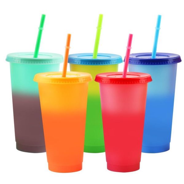 

24oz color changing cup magic plastic drinking tumblers with lid and straw reusable candy colors cold cup summer water bottle dhf2916