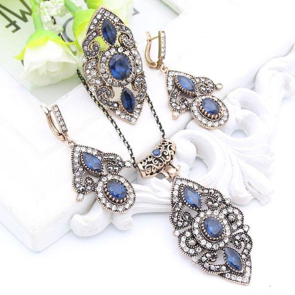 

vintage turkish flower resin jewelry sets long necklace hook earrings antique gold color arabesque bridal reception hollow ring, Silver