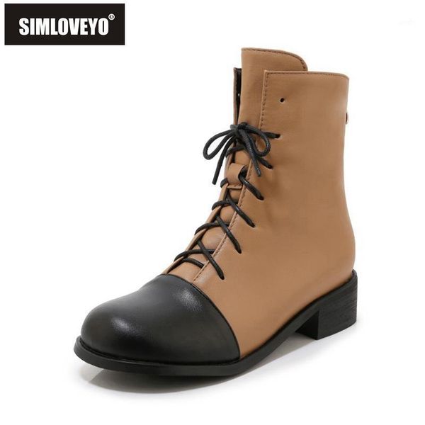 

boots simloveyo woman ankle round toe square heel back zipper lace up cross-tied large size 32-48 casual concise b17971, Black