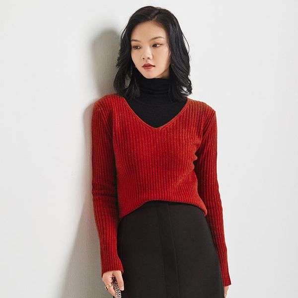 

women's sweaters jinju autumn/winter 2021 sweater v-neck solid color thread 100% fashion all-match, White;black