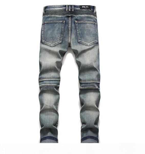 

mens classic biker jeans male slim straight knee drape panel moto biker jeans destroyed ripped stretch hip hop trousers, Blue