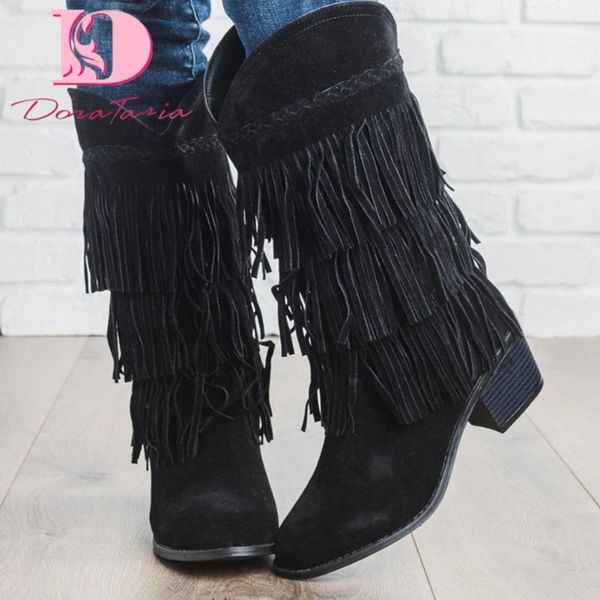 

boots doratasia large sizes 43 brand tassels gypsy style square heels western cowboy woman shoes1, Black