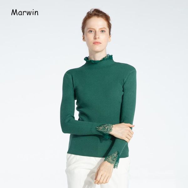 

marwin 2020 winter solid ruffled collar ruched lace high street style women sweaters soft warm female knitted pullovers1, White;black