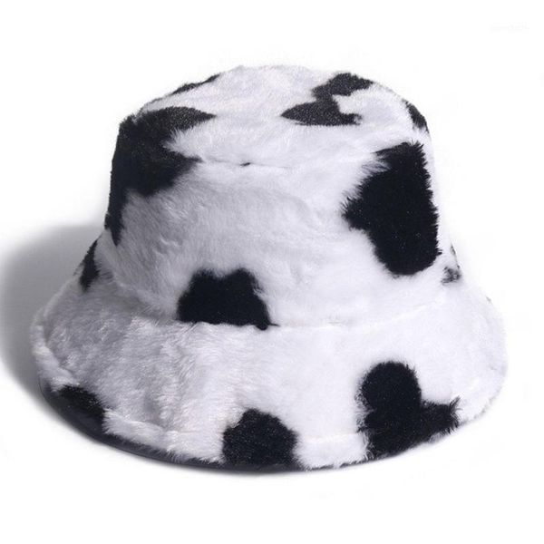 

2021 faux fur cow print bucket hats plush women vacation cap winter warm panama fisherman caps fashion fur cow print bucket hat1, Blue;gray