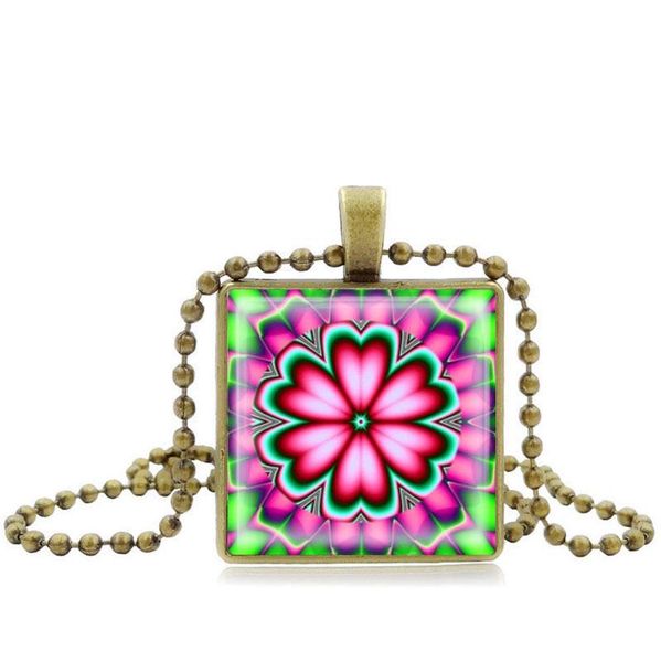 

pendant necklaces 2 colors mandala flower time gem necklace 2.8cm square glass for women bright design summer, Silver