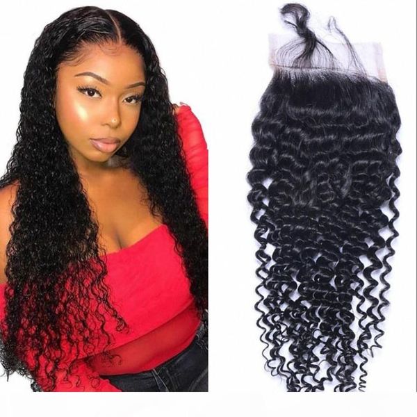 

peruvian human hair 4x4 kinky curly lace closure with baby hair natural color closures 8-20 inch, Black;brown