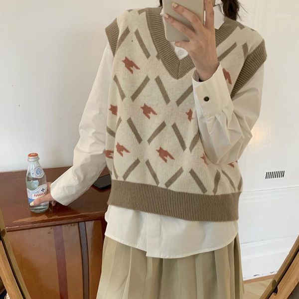 

2020 women houndstooth sweater vest casual v-neck sleeveless autumn winter jumper knitted korean style pullover loose 1, Black;white