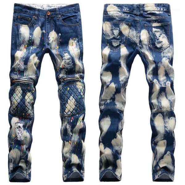 

slim fit men's motorcycle jeans pleated casual biker male pants broken holes straight legs hip hop jeans trouser for men1, Blue