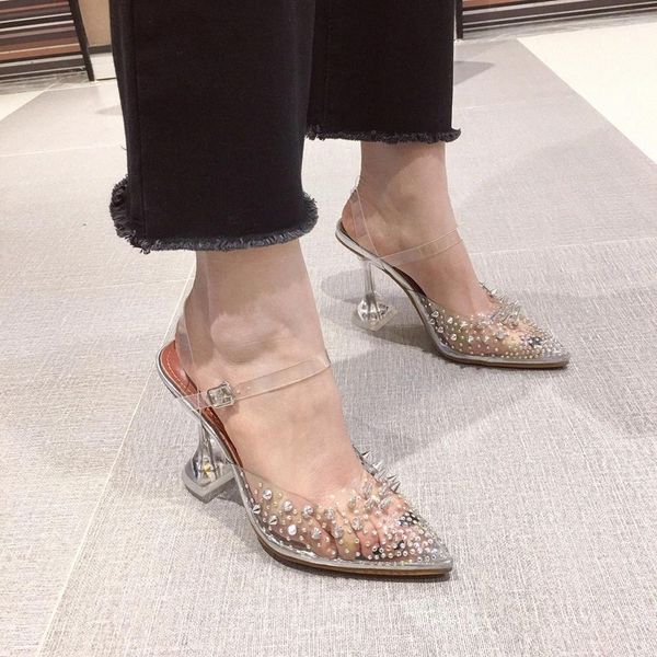 

2020 fashion rivet women pumps summer pvc transparent back strap pointed toe perspex clear spike heels party shoes #nw5u