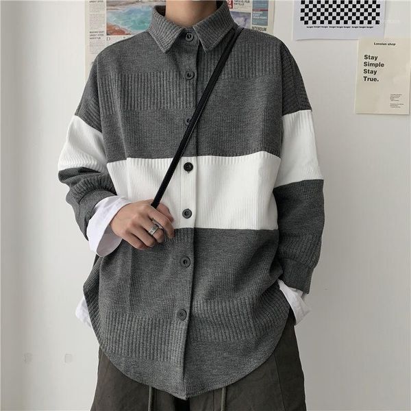 

2020 autumn and winter new youth fashion men's korean color matching loose single-breasted knitted cardigan fashion casual, White;black