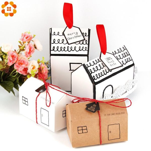 

5pcs white kraft house shape gift candy box cookies package with ribbon for birthday wedding christmas party favor supplies wmtwqh