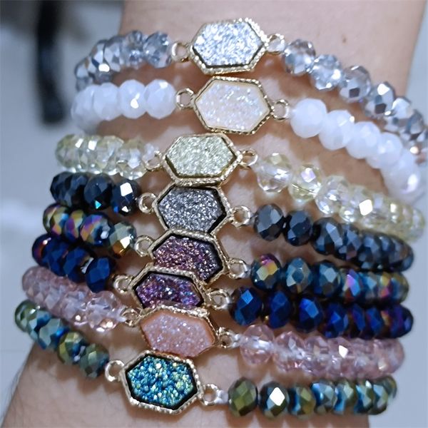 Marca quente Drusy Druzy Bracelete 6mm Faceted Glass Crystal Beads Pulseiras Elásticas Para As Mulheres Menina Lady Jóias