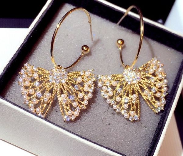 

fashion luxury designer lovely beautiful butterfly pearl clip earrings for women girls super glittering zircon diamond crystal, Golden;silver