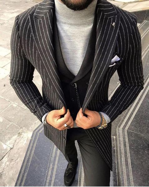 

new tailor made black pin stripe groom tuxedos men suits 3 pieces slim fit wedding prom man blazer ( jacket+pants+vest, White;black