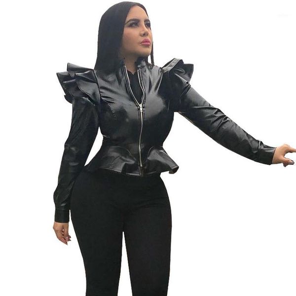 

black faux leather bomber jacket women long sleeve zipper ruffle shrug motorcycle jackets slim short coats and jackets outerwear1, Black;brown