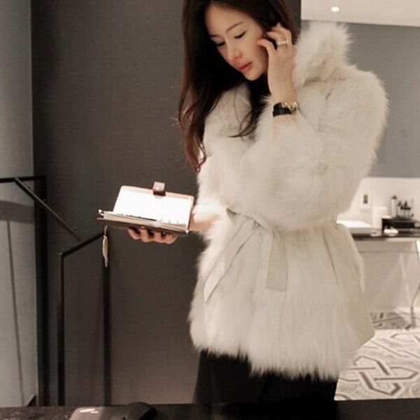 

women's fur & faux winter jacket 2021 slim lace up plush overcoat imitation fluffy soft luxurious ladies coat elegant korean, Black