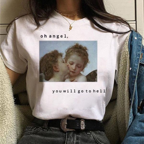 

new fashion womentshirt angel printed t shirt female harajuku kawaii cartoon tee casual short sleeve tee shirt clothing, White