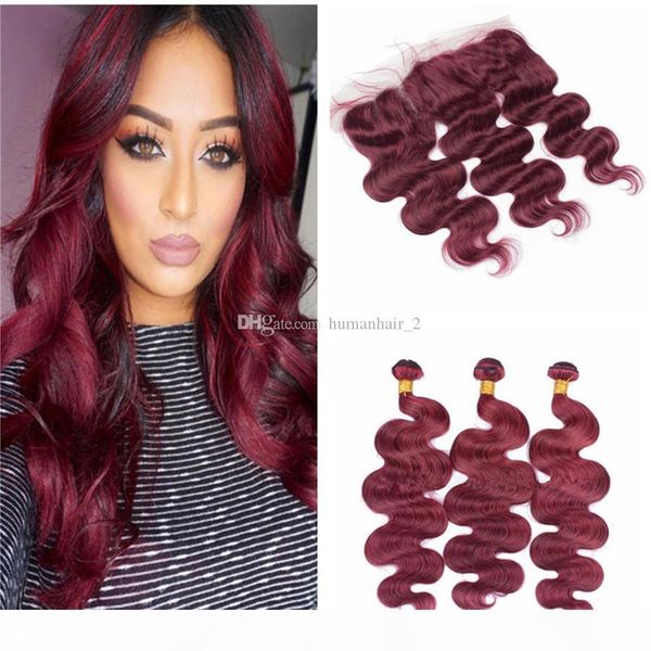 

9a brazilian burgundy hair with lace frontal closure 13x4inch body wave #99j wine red human hair bundles with ear to ear full frontals, Black;brown