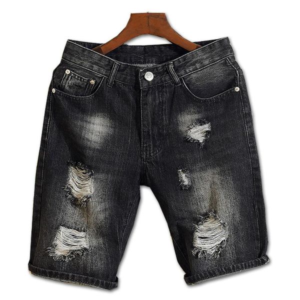

men's shorts summer mens boutique cotton solid color casual beach denim men slim fashion hole design jeans white and black, White;black
