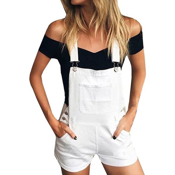 Frauen Baumwolle Shorts 2019 Mode Denim Overalls Tasche Taste Sommer Schwarz Weiß Grün Hosenträger Hose T200701