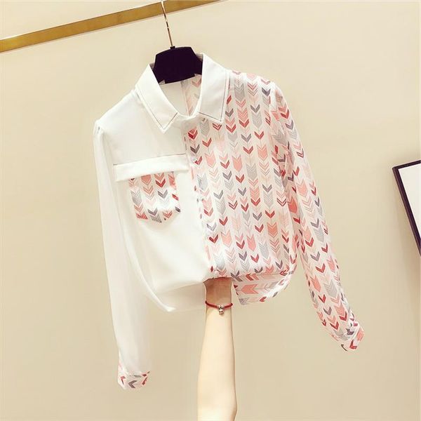 

весна осень женская лоскутная рубашка офис леди ретро печатная рубашка женщины свободные мода длинные рукава женщина gd275, White