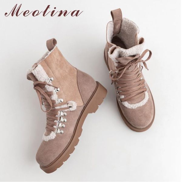 

meotina real leather snow boots women cow suede plush flat ankle boots lace up round toe shoes lady winter 2020 big size 33-421, Black