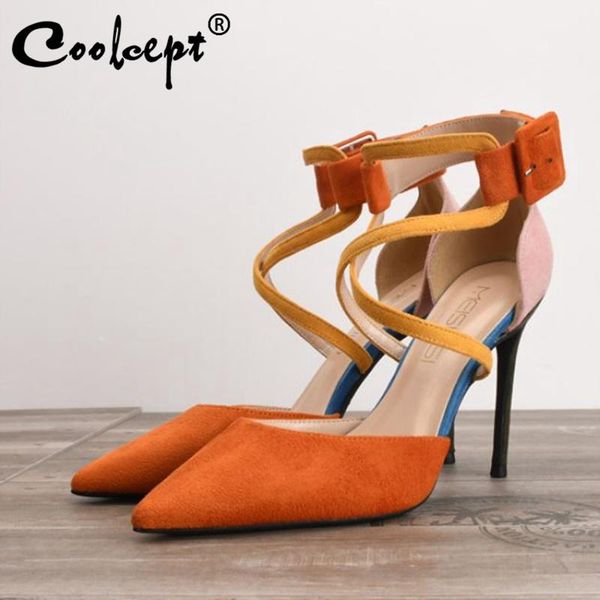 

coolcept size 32-43 new women sandals pointed toe thin high heel cross strap mixed color fashion party ladies footwear, Black