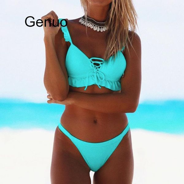 

women's push up bikini solid set swimsuit two piece filled bra swimwear beachwear ruffle swimsuit bikini biquinis1