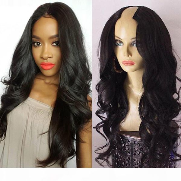 

glueless body wave u part wigs 100% human hair u opening space : 1*4 brazilian remy hair left side part wig for black women, Black;brown