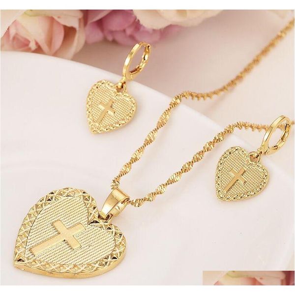

heart cross jewelry sets classical necklaces earrings set 14 k yellow solid gold gf africa wedding bride's dowry hzzi2, Silver